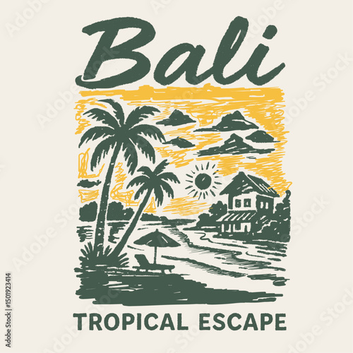 Bali Beach hand drawn artwork. bali  beach t-shirt. vintage retro paradise graphic print design. Sunshine paradise graphic print design. tropical color graphicas.