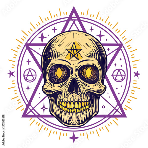 A detailed rendering of a wizard's skull, glowing emerald eyes, intricate runes etched around the cranium, dark background.