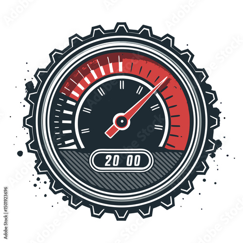 Design a retro-style circular tachometer badge with a needle pegged at maximum speed, incorporating a stylized 'O' (1) indicating top performance.  High detail, vibrant colors.