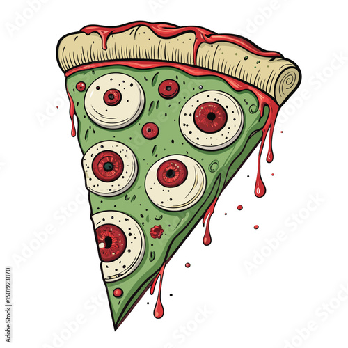 A horrifying, decaying pizza slice, resembling a zombie, with eyeballs as toppings, dripping with gruesome sauce.  Detailed, high-resolution image.