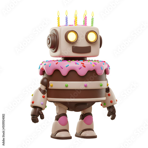 A charming robot shaped like a birthday cake stands with lit candles on its head, perfect for whimsical birthday greetings or celebrations.