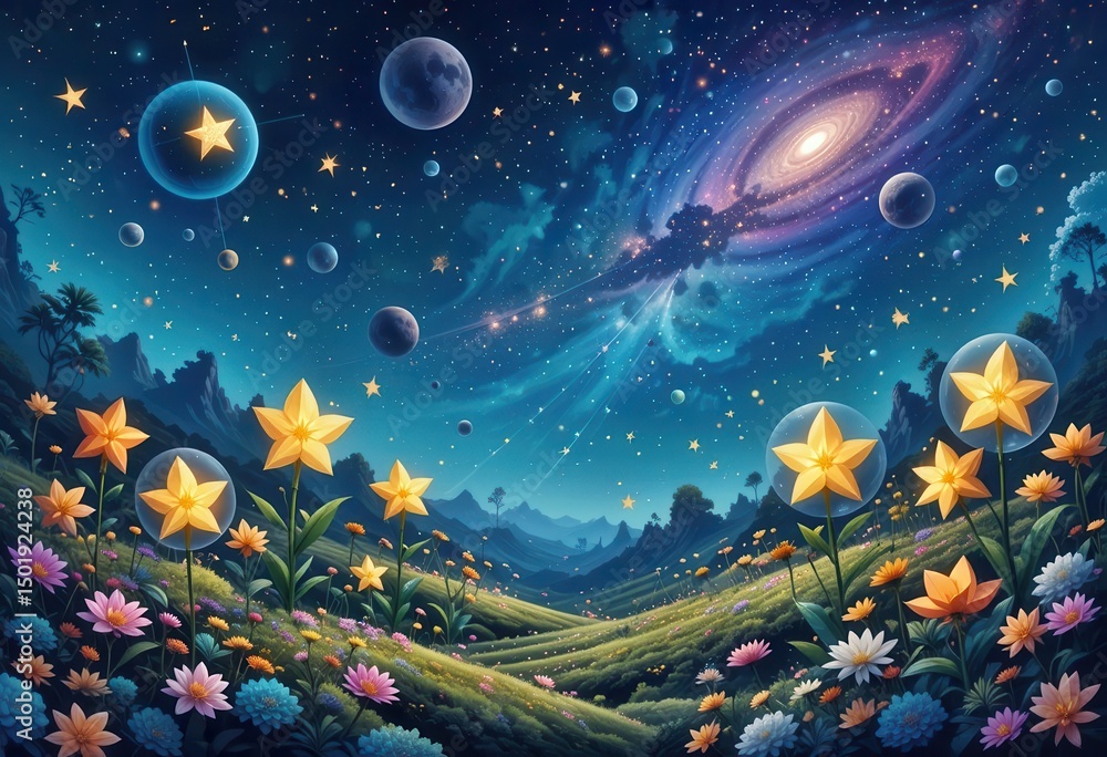 Naklejka premium Colorful celestial garden with stars and galaxies under a vibrant night sky