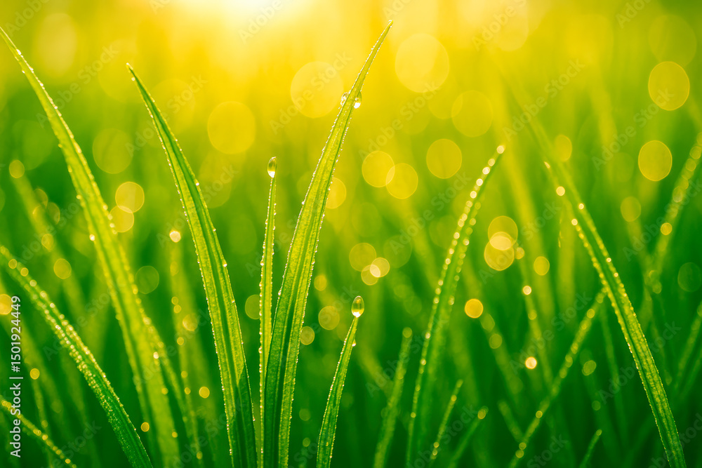 Fototapeta premium High-resolution macro photograph of fresh green grass blades covered in morning dew, illuminated by bright golden sunlight. Captures the beauty of nature and the essence of a summer sunrise