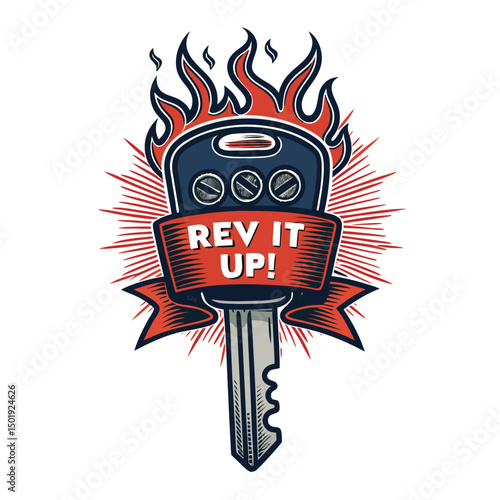 Design a car key badge featuring fiery flames engulfing a ribbon banner proclaiming "REV I".  The style should be bold and eye-catching.