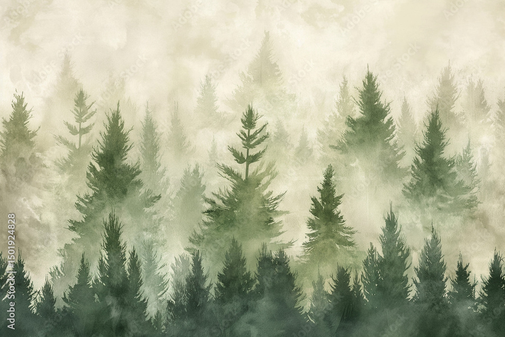 Fototapeta premium beautifully crafted watercolor painting of a foggy forest landscape. It captures a serene and ethereal atmosphere, emphasizing the interplay between nature and mist.