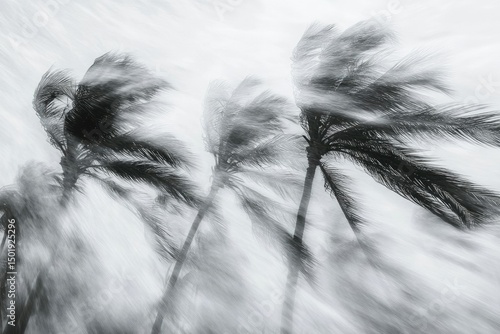 Blustery day featuring motion blur of palm trees, with dark, flowing leaves and light background. 