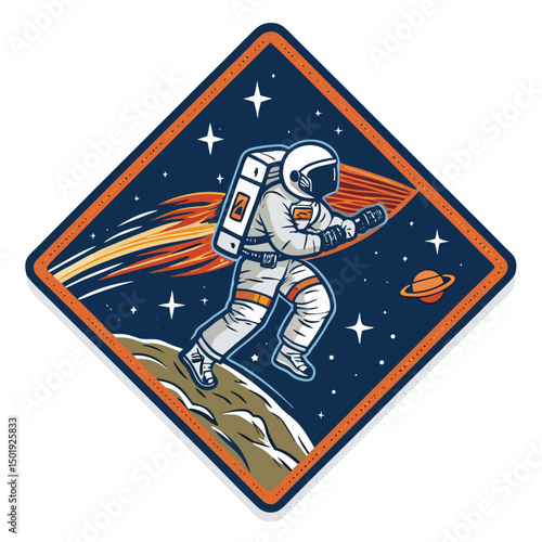Design a diamond-shaped badge featuring an astronaut bravely riding a meteor, cosmic background.