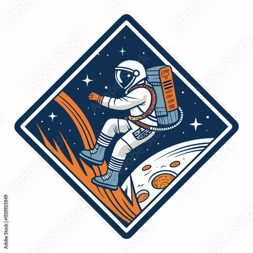 Design a diamond-shaped badge featuring an astronaut bravely riding a meteor, cosmic background.  Ensure vibrant, detailed artwork.