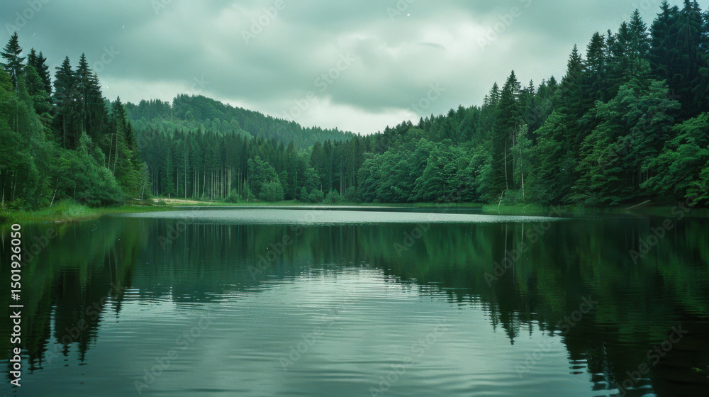 Photo of the Black Forest featuring a lake with green trees under a cloudy summer sky. Captured on film stock with natural tones and texture... Photo of the Black Forest featuring a lake with green trees under a cloudy summer sky. Captured on film stock with natural tones and texture...