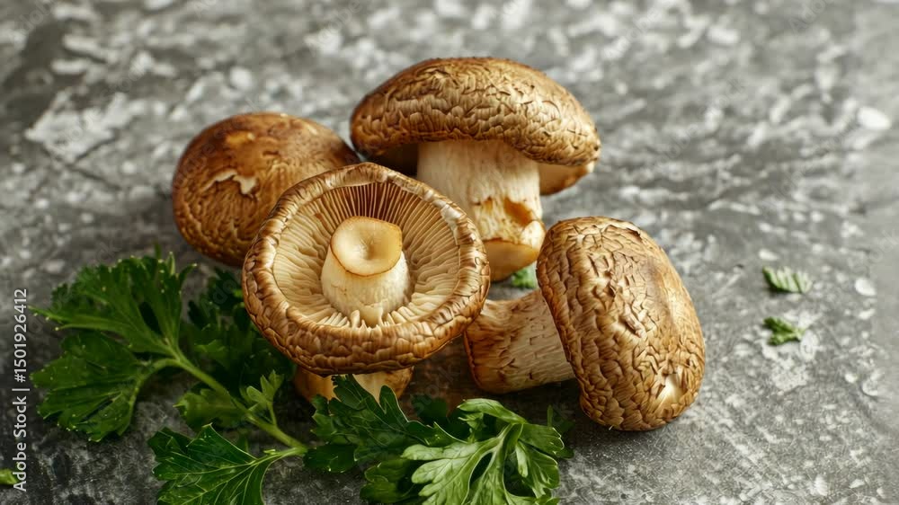 Close up of wild mushrooms on stone surface with parsley Close up of wild mushrooms on stone surface with parsley