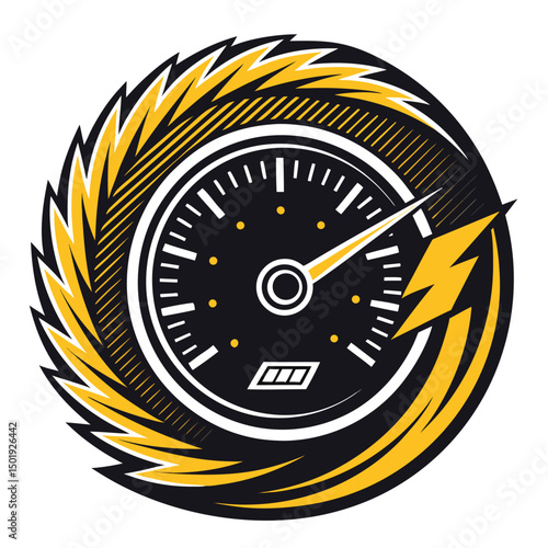Design a retro-style logo featuring a revving engine dial with motion blur effect; incorporate speed lines and a vintage aesthetic.