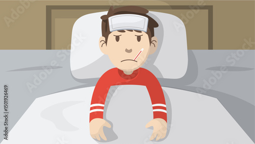 Flat Vector Illustration of a Sick Person in Bed with Fever and Thermometer