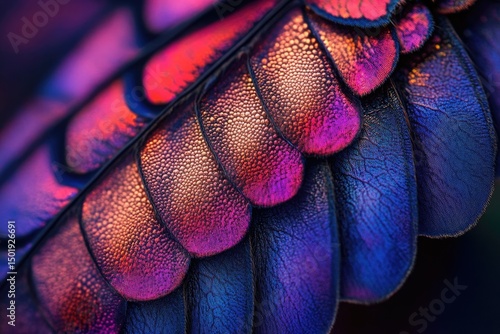 Close-up of layered, iridescent scales in shades of red, pink, purple, and blue, creating a textured and visually stunning abstract.