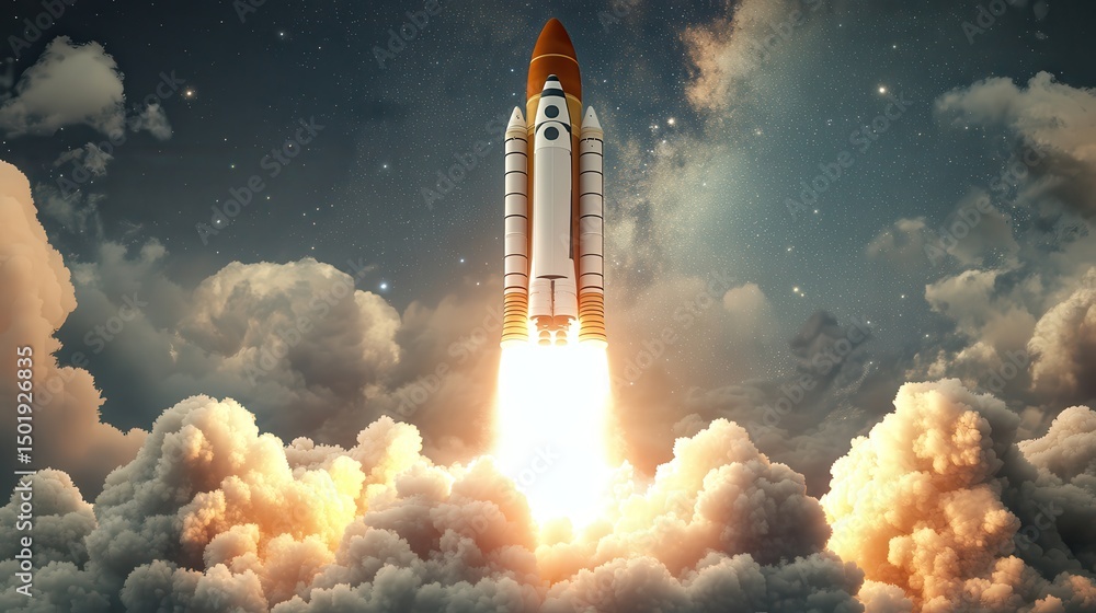 Fototapeta premium Rocket Launching into Space Against Dramatic Cloudy Sky Background