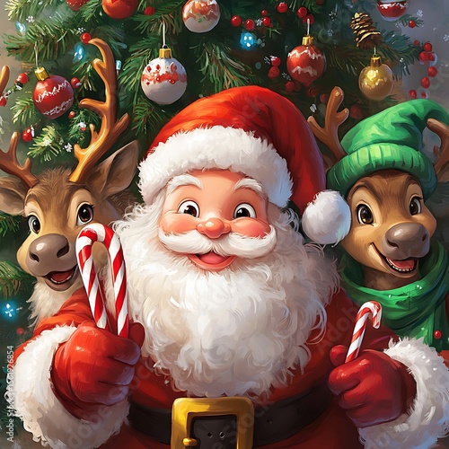 Festive christmas scene with santa and reindeer.