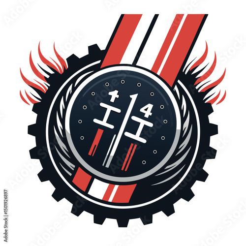 Design a vibrant emblem featuring a manual gearshift lever engulfed in racing sparks, stylized for a sporty, automotive aesthetic.