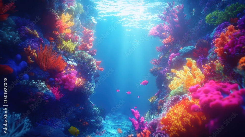 Naklejka premium Colorful coral reef underwater, glowing light