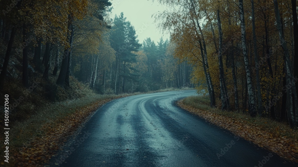 Fototapeta premium Empty road through autumn forest, cinematic lighting