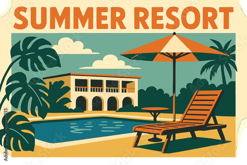 A vintage summer resort poster features a vector illustration of a hotel with a retro swimming pool, complete with a lounger chair and table, set amidst a tropical vacation scene with exotic plants