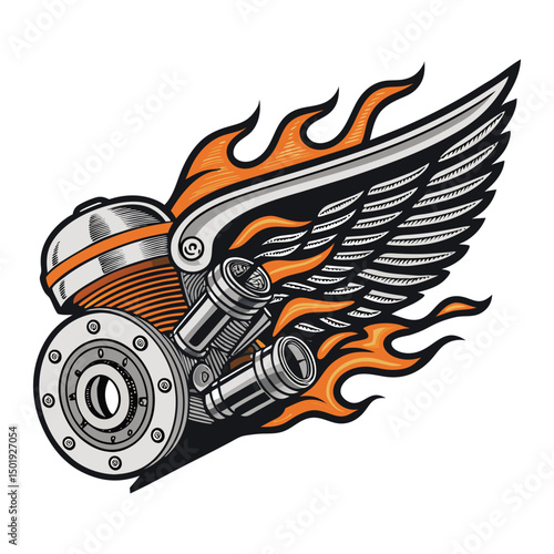 Detailed close-up of a vintage, weathered muffler badge;  flames erupt, engine smoke billows realistically.