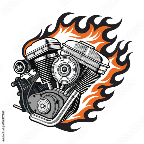 Detailed close-up shot of a vintage muffler badge, showcasing intricate details, fiery exhaust flames, and billowing engine smoke.
