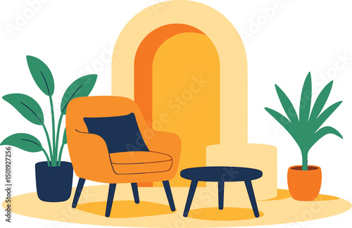 A contemporary 3D interior setting features an armchair, coffee table, potted plants, arch, and podium, suitable for advertising and recreational concepts