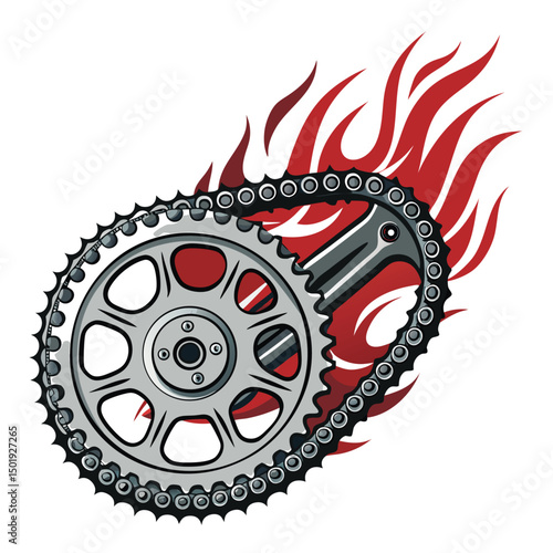 Detailed close-up shot of a vintage timing chain emblem, showcasing worn crank gear and stylized flame detailing.  High resolution, sharp focus.