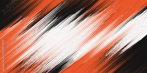 Halftone orange, black and white dots pattern and black gradient grunge texture background. Dotted line comic sport style vector grunge.