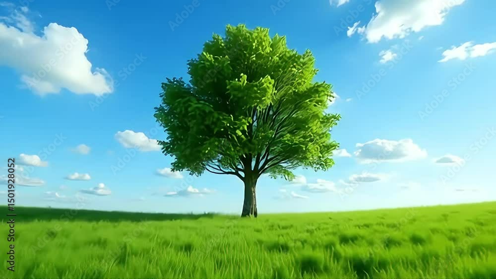 Serene Landscape featuring a Lush Green Tree under a Bright Sunny Sky with Fluffy White Clouds ideal for Nature Documentaries Serene Landscape featuring a Lush Green Tree under a Bright Sunny Sky with Fluffy White Clouds ideal for Nature Documentaries