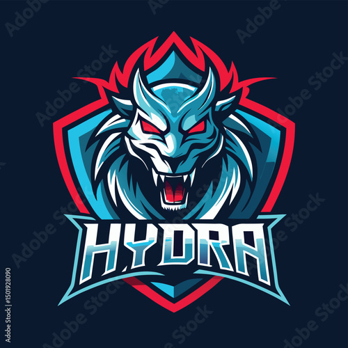 Vector illustration of a fierce hydra logo featuring a stylized dragon head with bold colors and sharp details, ideal for branding and graphic design projects