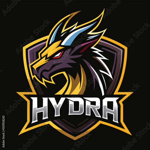 Vector illustration of a fierce hydra logo featuring a stylized dragon head with bold colors and sharp details, ideal for branding and graphic design projects