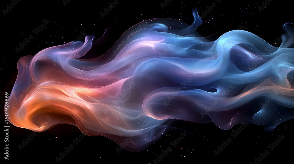 Obraz premium Abstract swirling smoke or nebula. Color gradient of orange, pink, blue, and white against black background. Delicate, flowing shapes. Cosmic, ethereal, dynamic