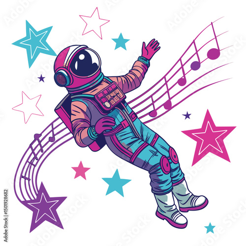 Create a vector illustration of an astronaut floating serenely amidst a field of twinkling stars, suitable for a patch or emblem.  The astronaut should be detailed and expressive.