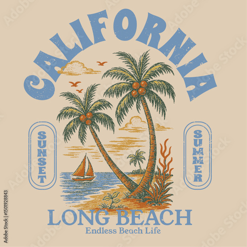 California summer prints. vintage retro summer prints. t shirt design graphics. typography text graphics in vector. summer t-shirt design. tropical palm tree with sunshine beach tee.