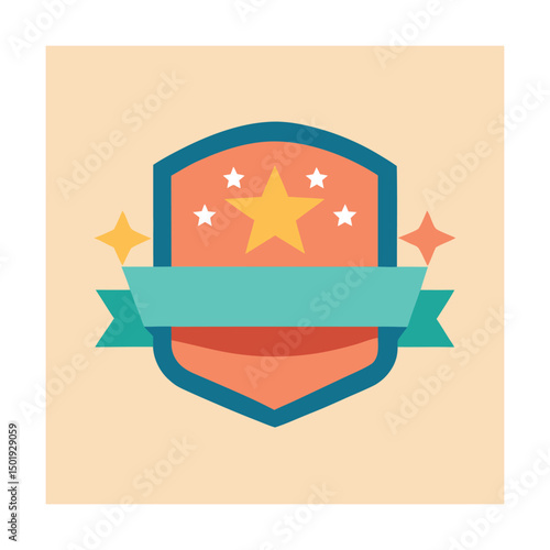 Colorful happy badge with stars and a teal ribbon in a flat design style
