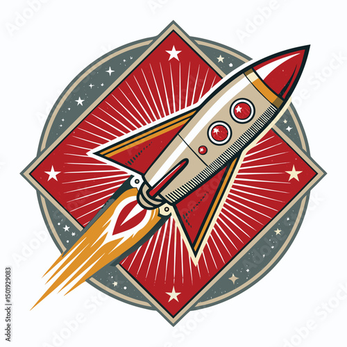 Design a vintage space badge featuring a retro rocket trailing flames, surrounded by radiating sunbeams.  Include detailed metallic textures.