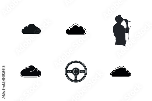Simple black icons set clouds steering wheel singer