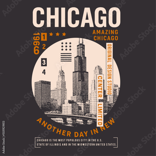 Chicago city Illinois with lettering design. Vector and illustration.  Chicago typography design. vintage city print. city graphics in vintage illustration. city t-shirt design in vector.