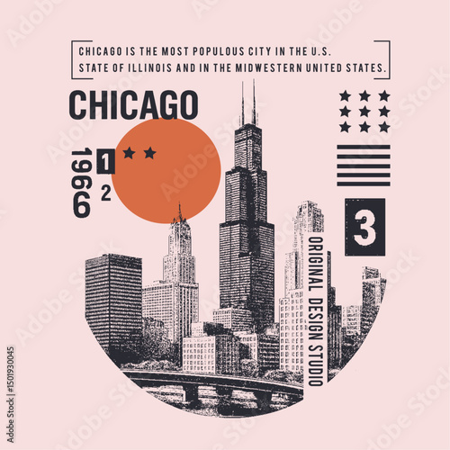 city graphics in vintage illustration. city t-shirt design in vector. Chicago vintage city print. city Illinois with lettering design. Vector and illustration.  Chicago typography design.