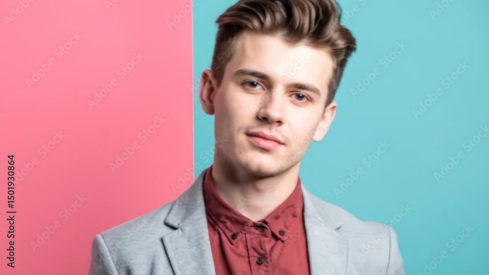 Studio Portrait Of A Thoughtful Young Man In Gray Suit And Red Shirt Studio Portrait Of A Thoughtful Young Man In Gray Suit And Red Shirt