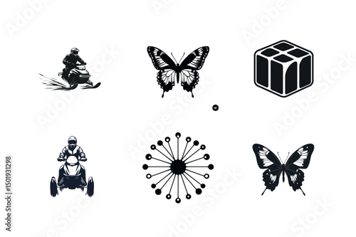 Six black and white vector illustrations