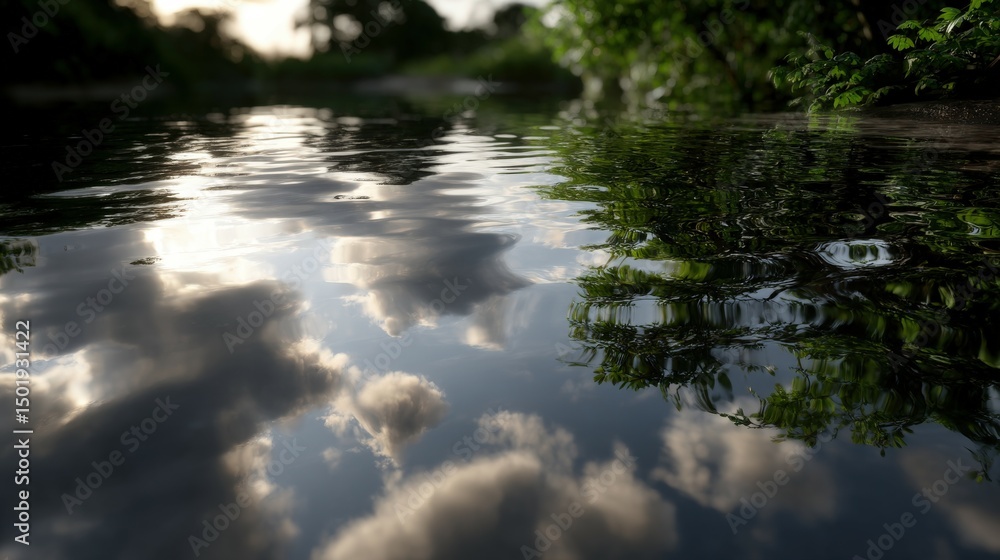 Fototapeta premium Calm water reflects clouds and tree branches in serene nature