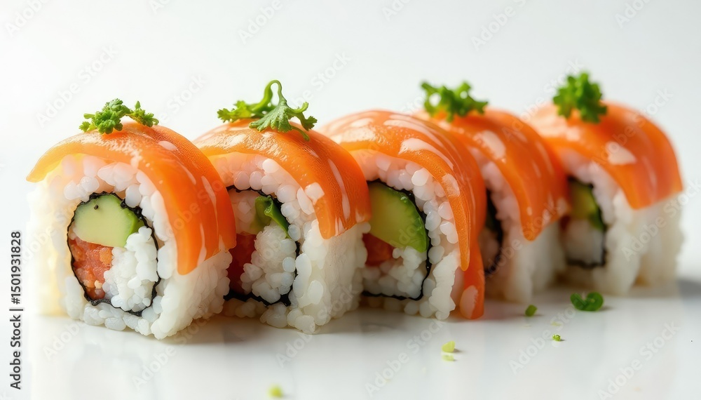 Variety of sushi rolls on white, garnished with wasabi , soy, japanese Variety of sushi rolls on white, garnished with wasabi , soy, japanese