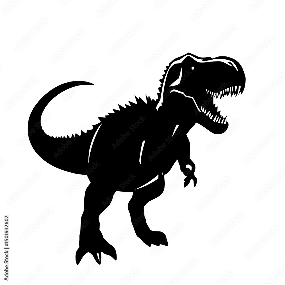 Fototapeta premium Tyrannosaurus Rex Silhouette: A bold, monochrome illustration depicts a powerful T-Rex, its sharp teeth and imposing stance conveying primal strength and prehistoric majesty.