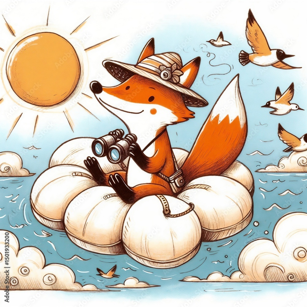 Fototapeta premium Cartoon fox sitting on a lifebuoy holding binoculars in the sun 