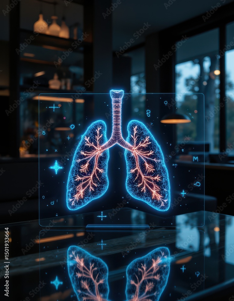 Obraz premium close up on a digital lungs hologram with technical data overlays and oxygen molecule visuals, illuminated in a dark room with glowing reflections on a glass table.