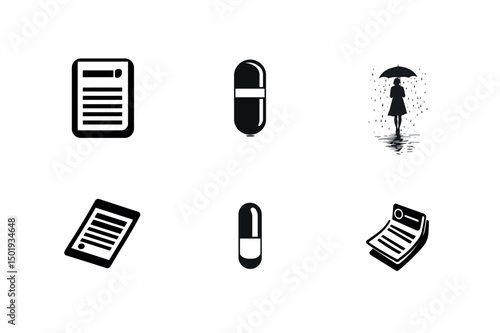 Simple black icons set documents pills and rain