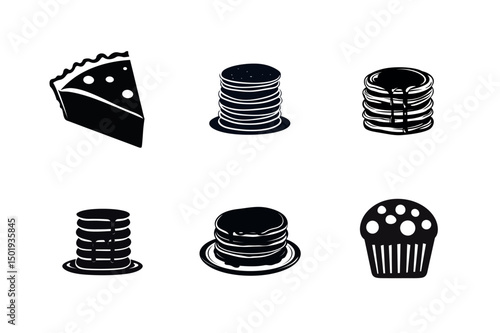 Black and white icons of cakes pancakes and muffins
