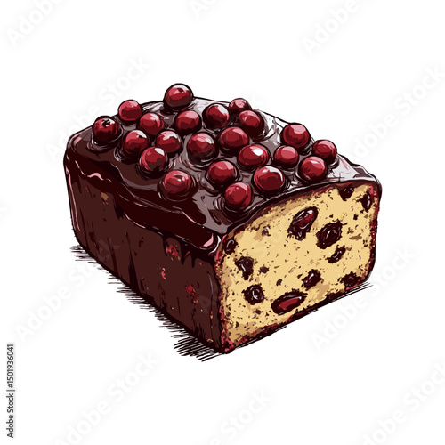 A chocolate-covered Christmas cake loaf topped with cherries, sliced to reveal its interior, illustrated on a white background, concept of dessert