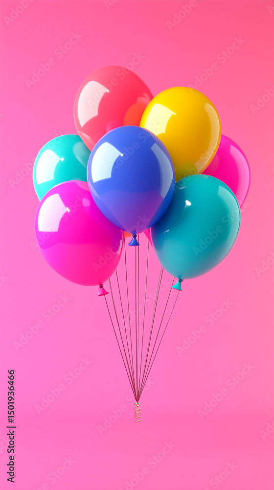 Colorful glossy balloons floating against a bright pink background. Colorful glossy balloons floating against a bright pink background.